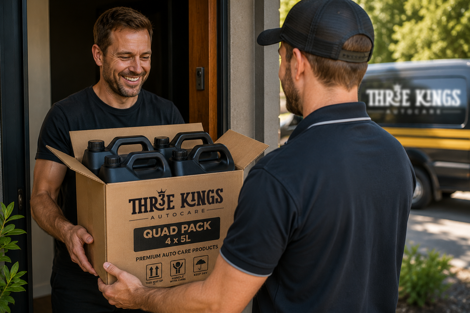 Delivery man delivering quad value pack to customer