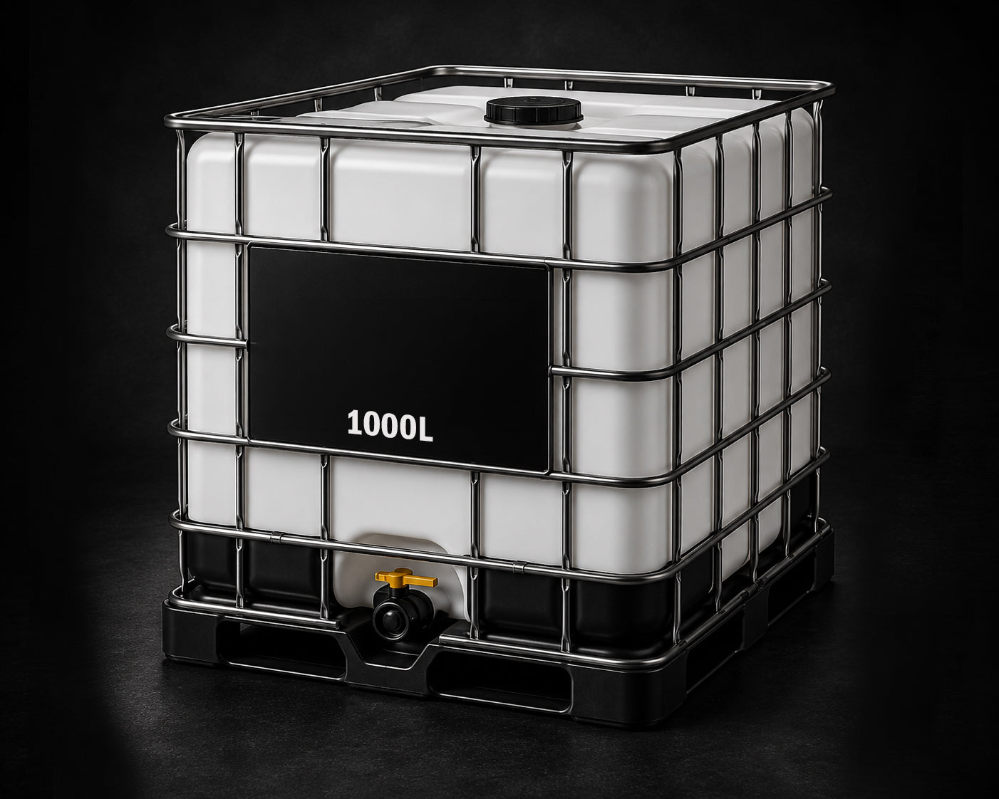 1000 liter industrial storage tank on a black background